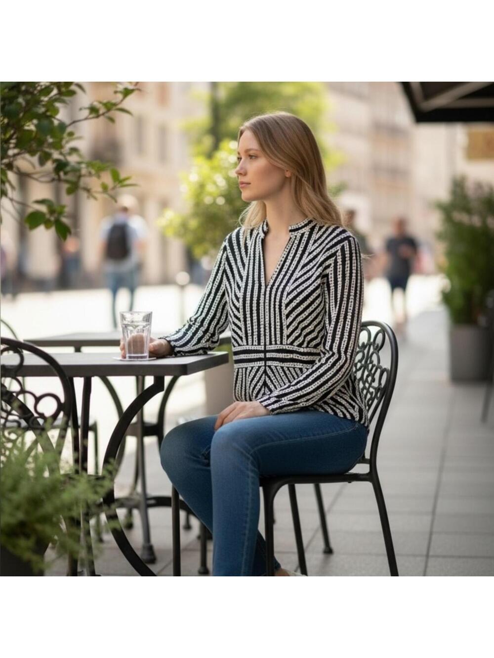 Chico's Traveler Collection Black and White Polka Dot Striped Blouse Size S